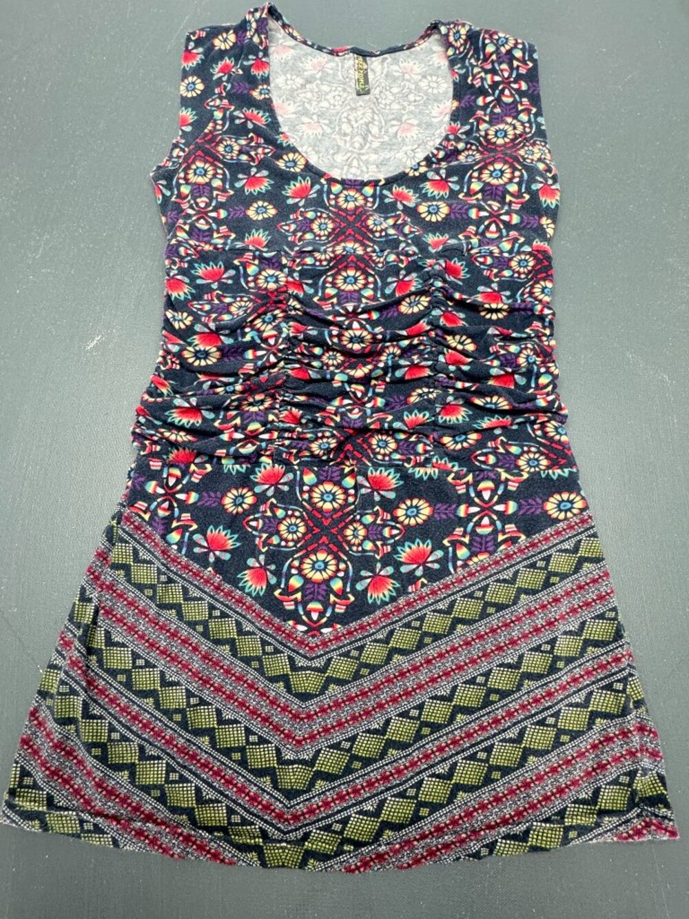 Free People Womens Size Small Blue Printed Sleeveless Mini Dress Ruched Stretch